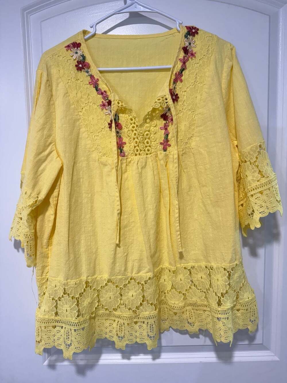 Boho Western Yellow Lace Embroidered Tunic Cottagecore Festival Women’s XL
